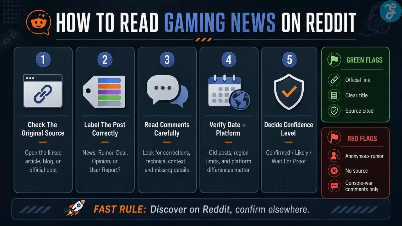 Infographic explaining how to read gaming news on Reddit, verify sources, and spot green flags and red flags