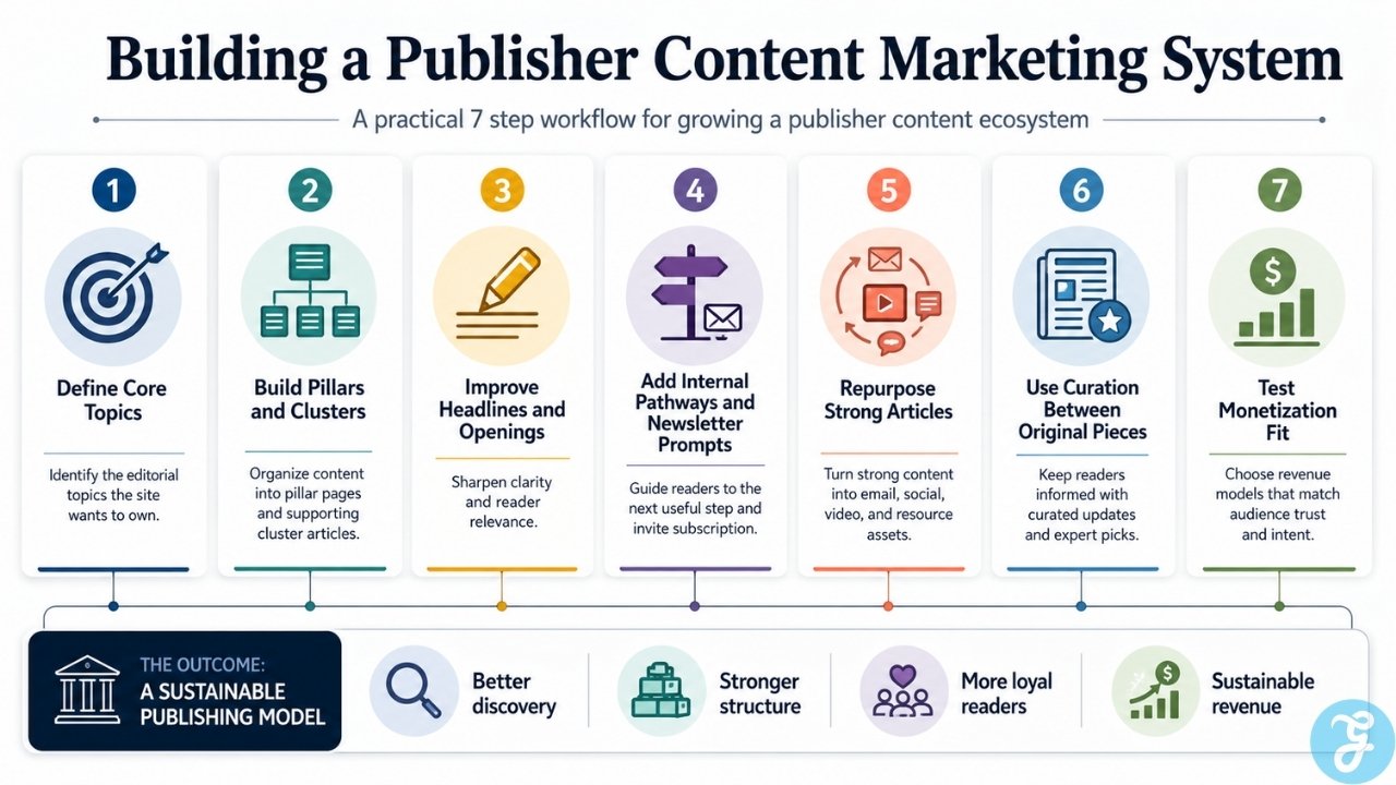 Infographic showing a publisher content marketing system with core topics, pillar clusters, headlines, internal pathways, repurposing, curation, and monetization steps.