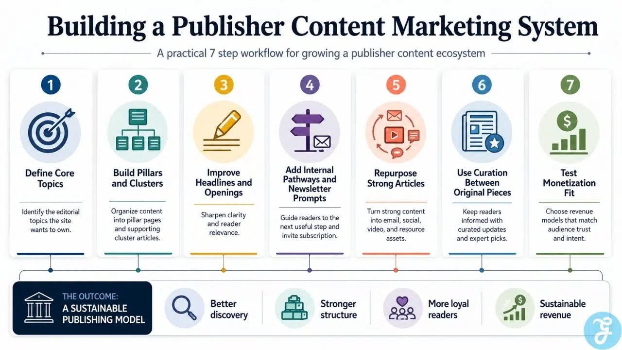 Infographic showing a publisher content marketing system with core topics, pillar clusters, headlines, internal pathways, repurposing, curation, and monetization steps.