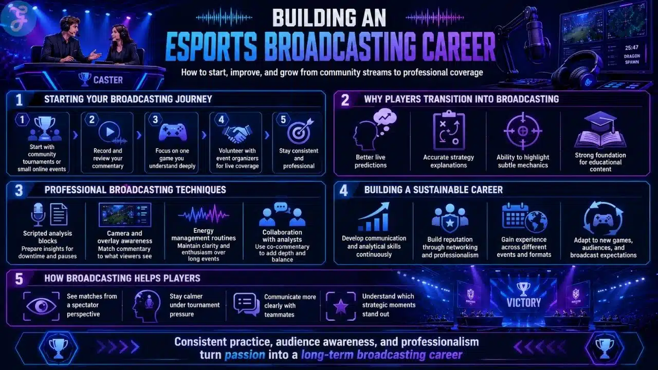 Infographic showing how to build an esports broadcasting career through practice, commentary review, professional techniques, and audience awareness.