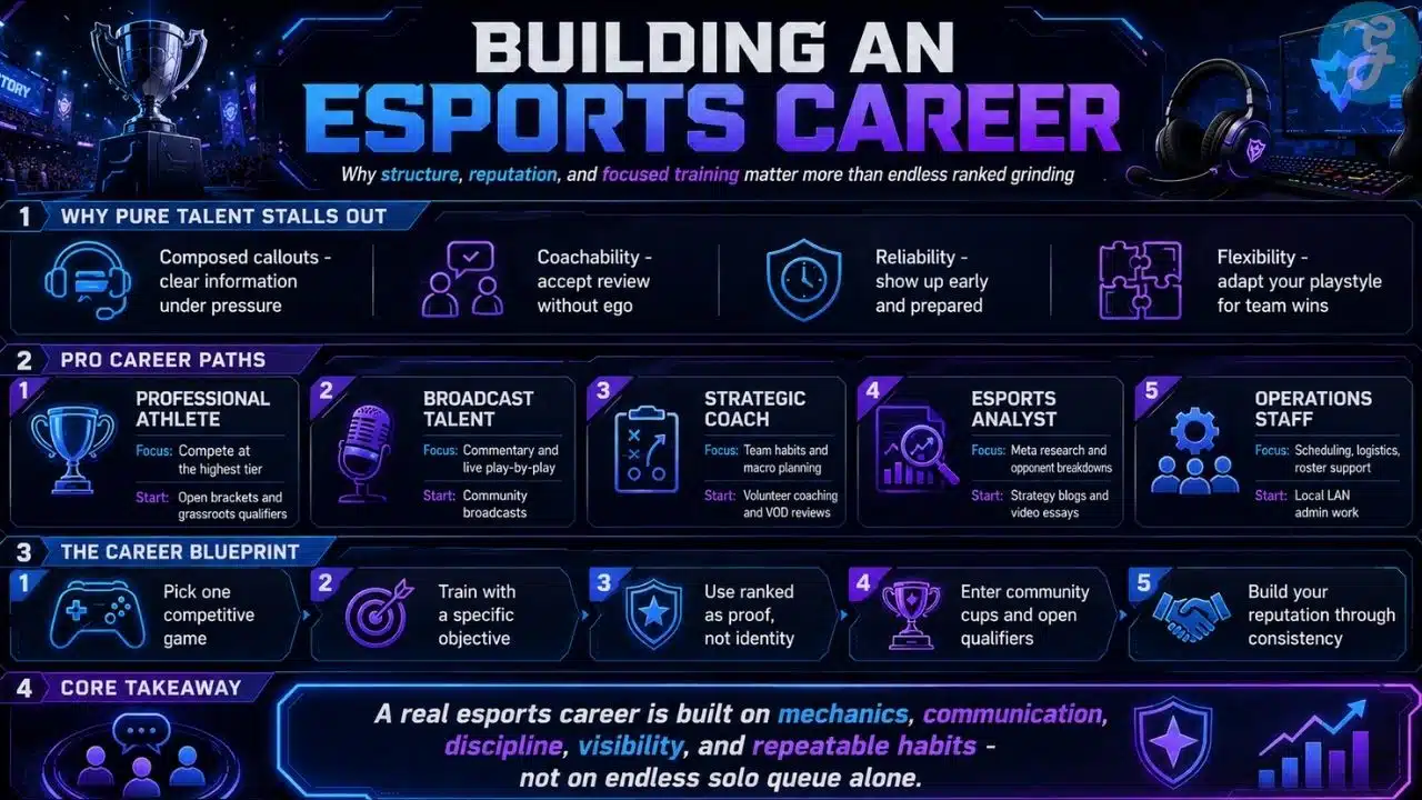 Infographic showing how to build an esports career through focused training, professional paths, communication, and reputation.