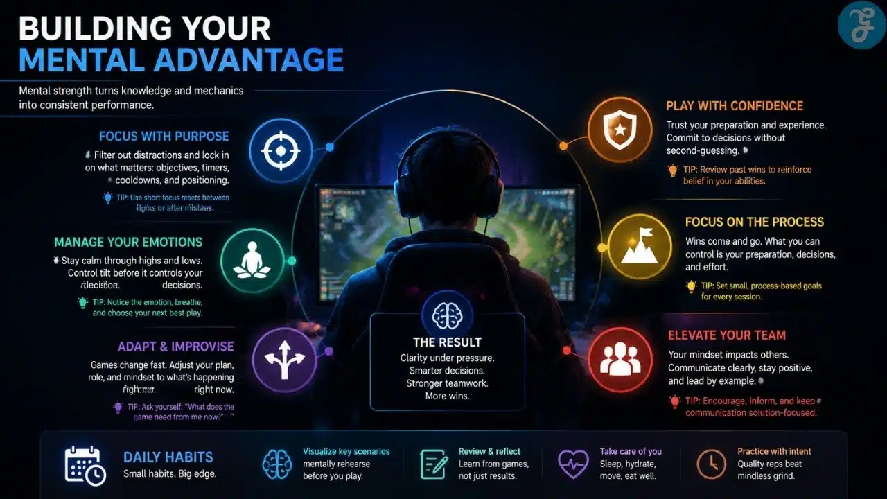 Infographic showing mental strategies for competitive gamers, highlighting focus, emotional control, adaptability, confidence, and teamwork for better esports performance