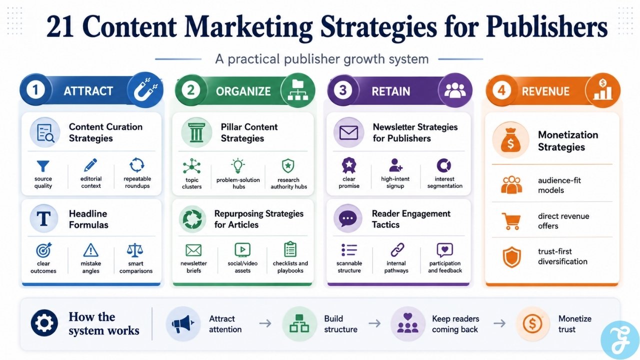 Infographic showing Content Marketing Strategies for Publishers across curation, newsletters, headlines, pillar content, repurposing, engagement, and monetization.
