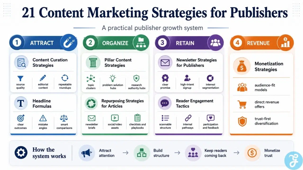 Infographic showing Content Marketing Strategies for Publishers across curation, newsletters, headlines, pillar content, repurposing, engagement, and monetization.