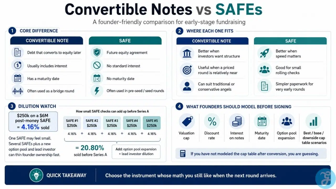 Convertible notes vs SAFEs infographic comparing debt structure, SAFE agreements, dilution risks, post-money SAFE ownership, and cap table modeling for startup founders.