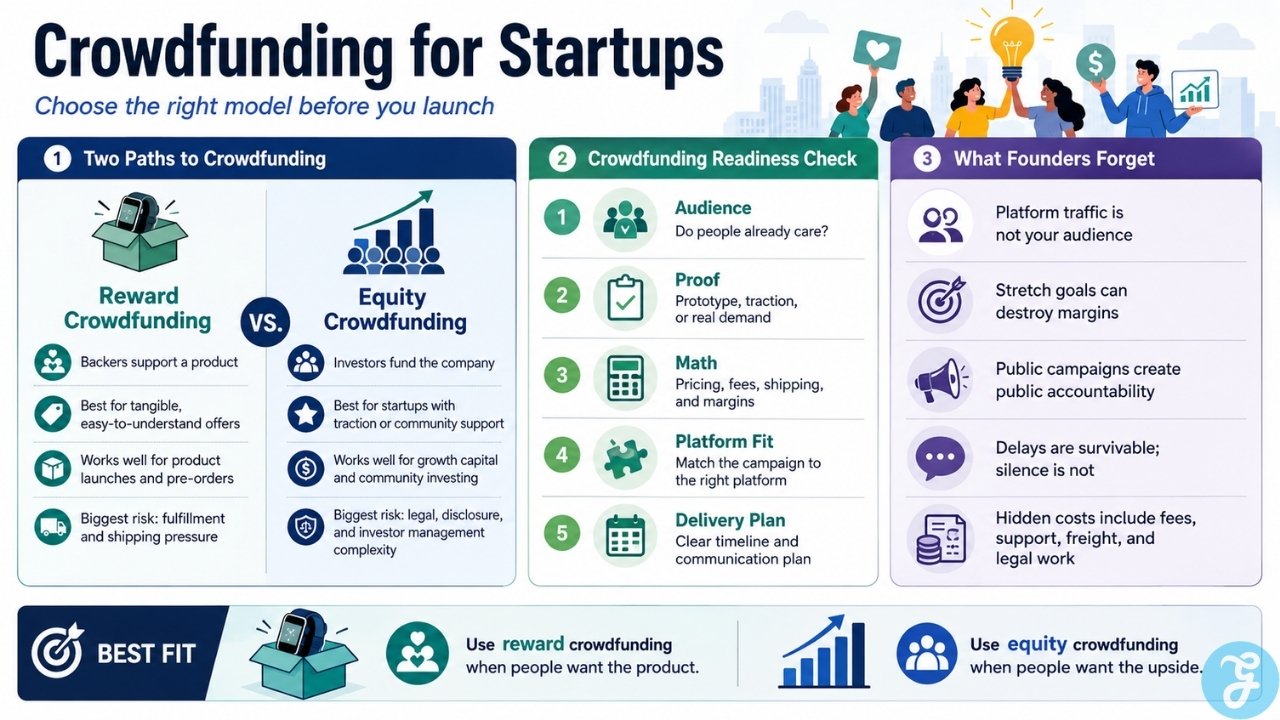 Crowdfunding for startups infographic comparing reward crowdfunding, equity crowdfunding, readiness checks, hidden costs, platform fit, and founder launch risks.