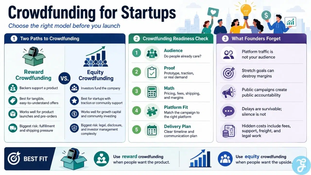Crowdfunding for startups infographic comparing reward crowdfunding, equity crowdfunding, readiness checks, hidden costs, platform fit, and founder launch risks.