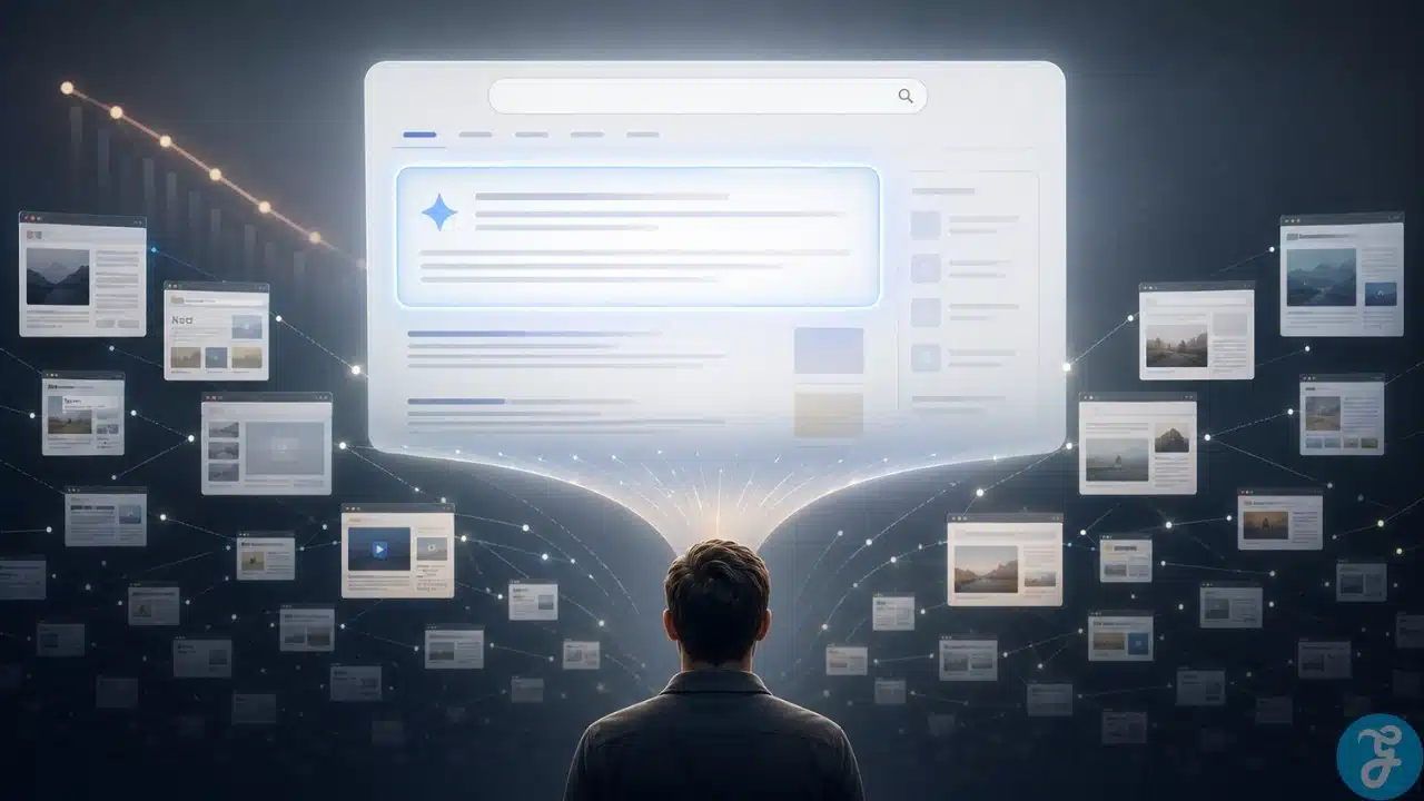 Infographic showing the shift from open web discovery to on-platform AI answers, with fewer outbound clicks and higher risk for small publishers.