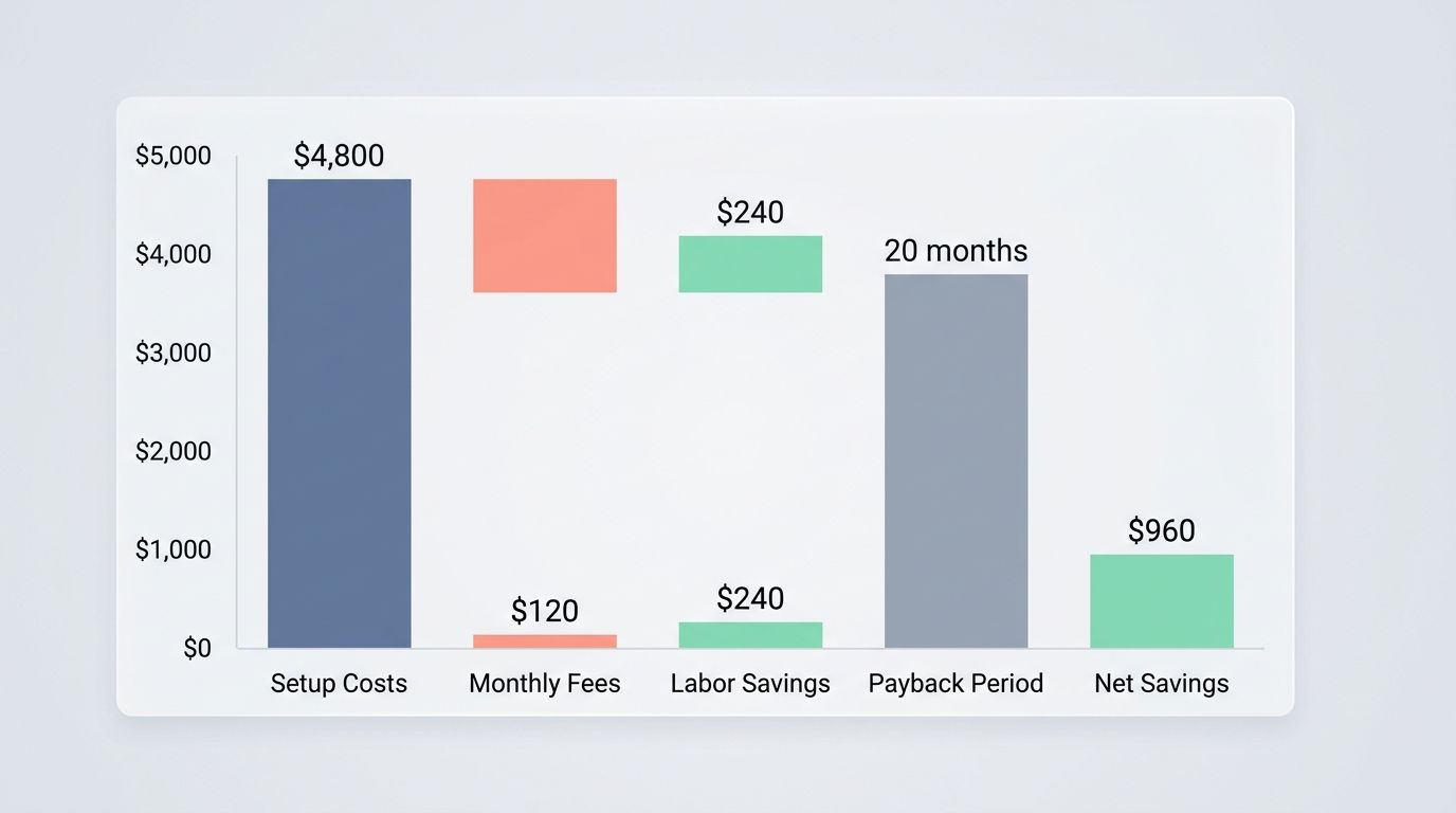 Financial bar chart showing setup costs, monthly fees, and net savings of the recycling system
