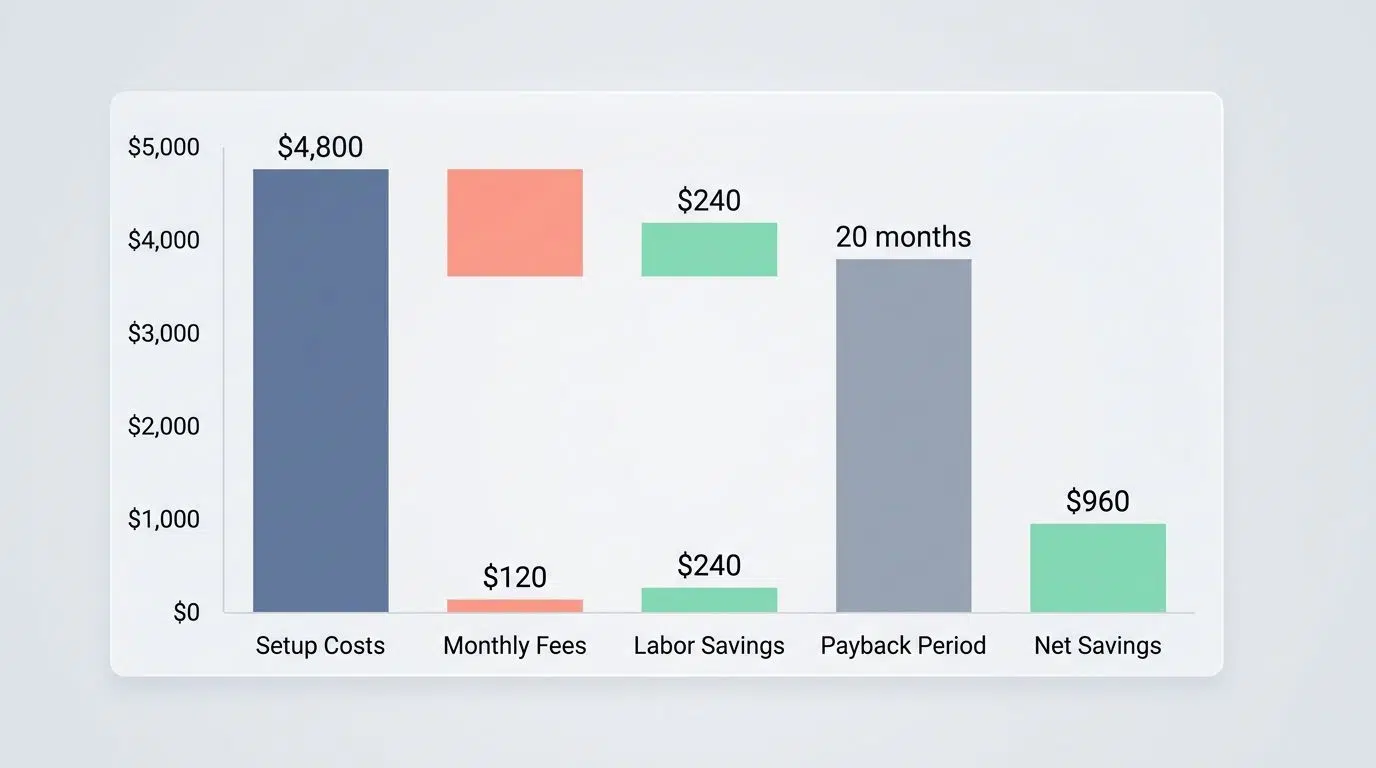 Financial bar chart showing setup costs, monthly fees, and net savings of the recycling system