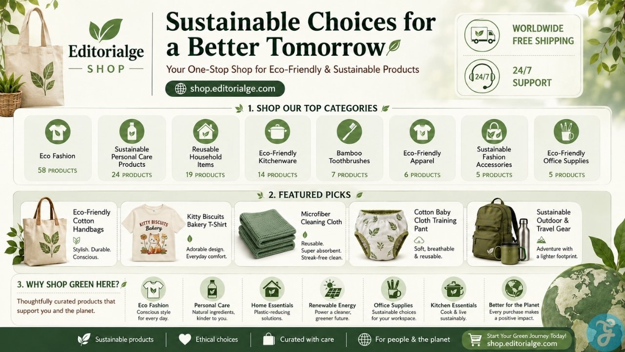Editorialge eco friendly shop infographic featuring sustainable product categories, reusable household items, eco fashion, kitchenware, and green shopping benefits