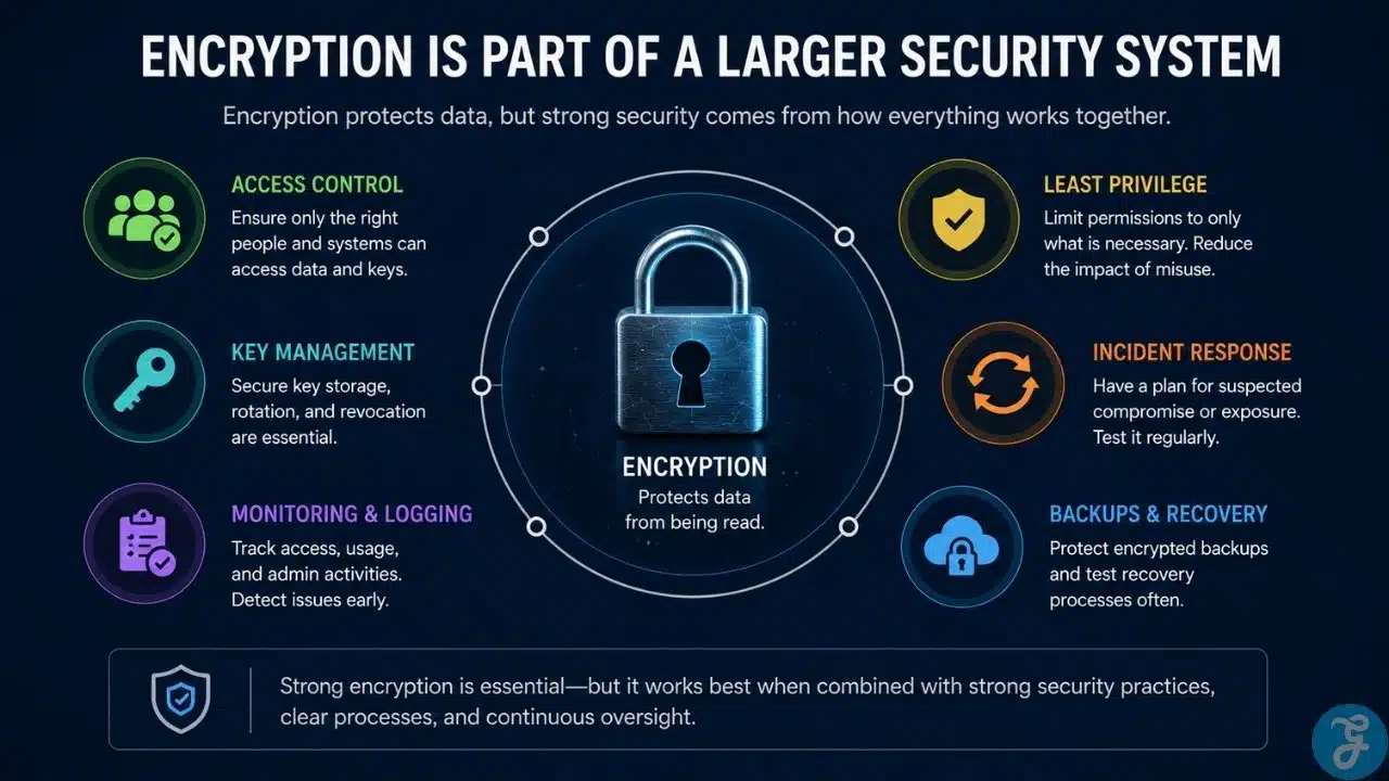 Encryption security system showing key management, access control, monitoring, backups, and incident response.