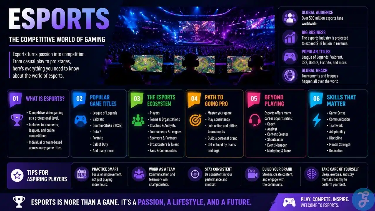 Colorful esports infographic showing player skills, tournaments, coaching, mindset, broadcasting, and gear for competitive gaming