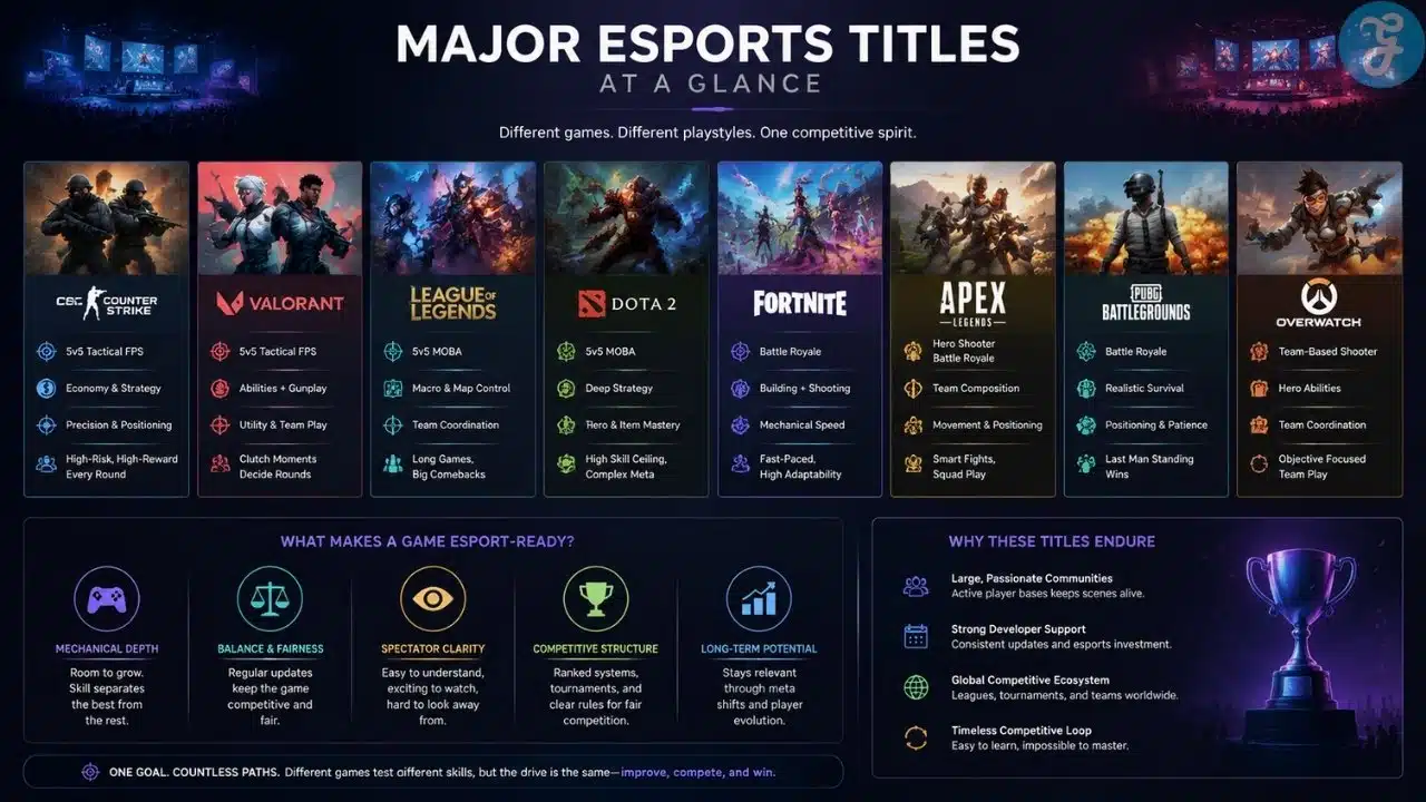 Esports games infographic showcasing major competitive titles like CS, Valorant, League of Legends, Dota 2, Fortnite, and Apex Legends with key gameplay features and competitive structure overview.