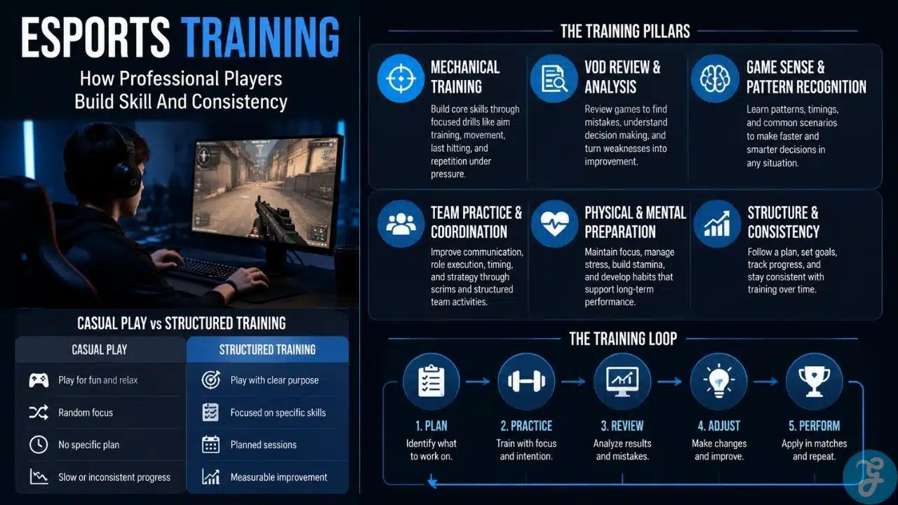 Esports training infographic showing structured improvement pillars including mechanical practice, VOD review, teamwork, mental discipline, and performance consistency in competitive gaming.