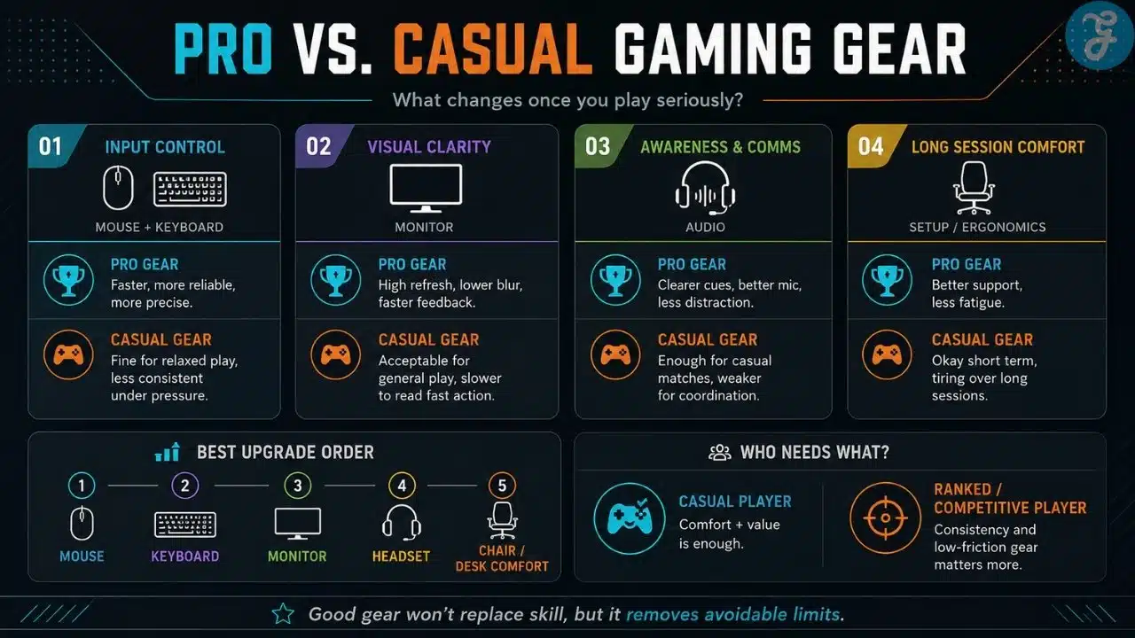 Esports vs casual gaming gear comparison showing input, display, audio, and comfort differences