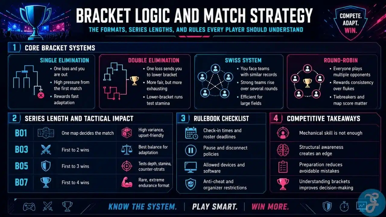 Infographic showing esports bracket systems, match formats, rulebook checks, and competitive tournament strategy.