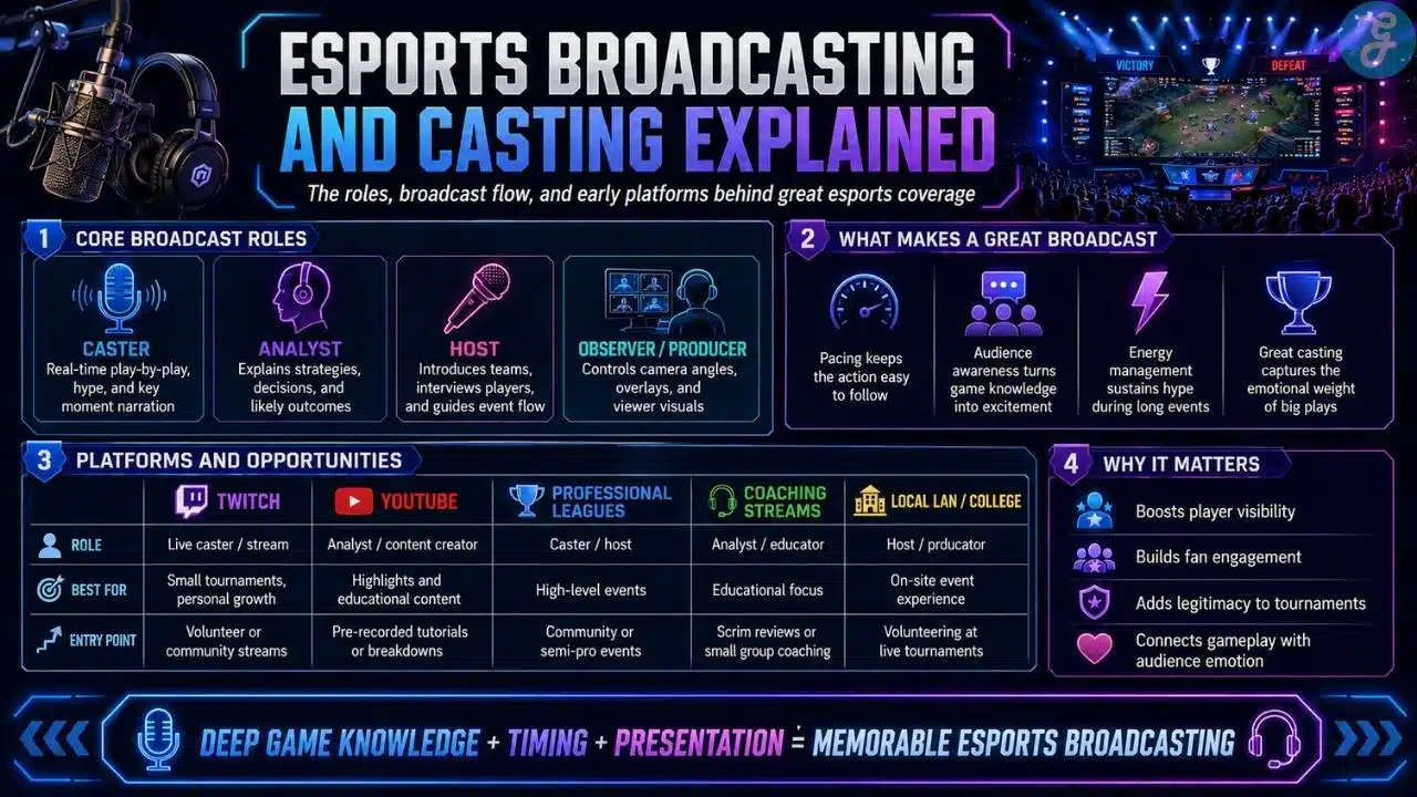 Infographic explaining esports broadcasting and casting roles, platforms, broadcast flow, audience engagement, and why commentary matters.