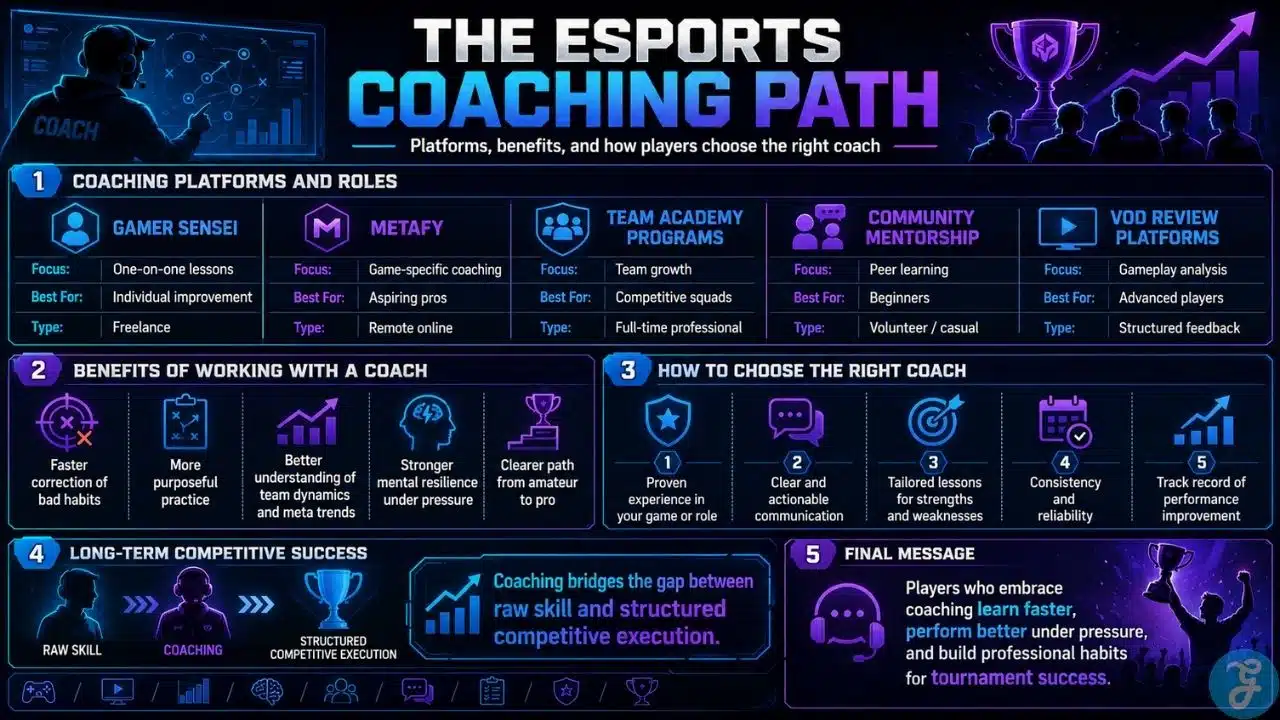Infographic showing esports coaching platforms, player benefits, coach selection tips, and long-term competitive success.