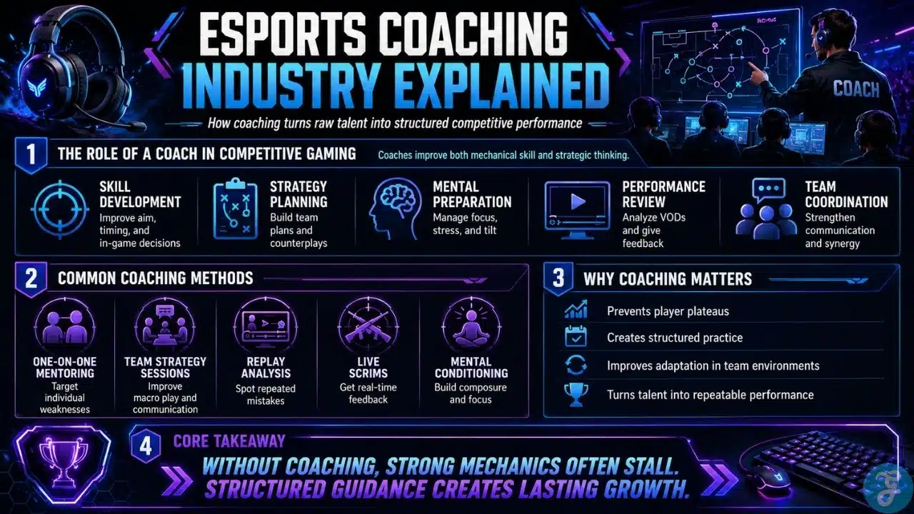 Infographic explaining the esports coaching industry with coach responsibilities, training methods, performance review, and team coordination.