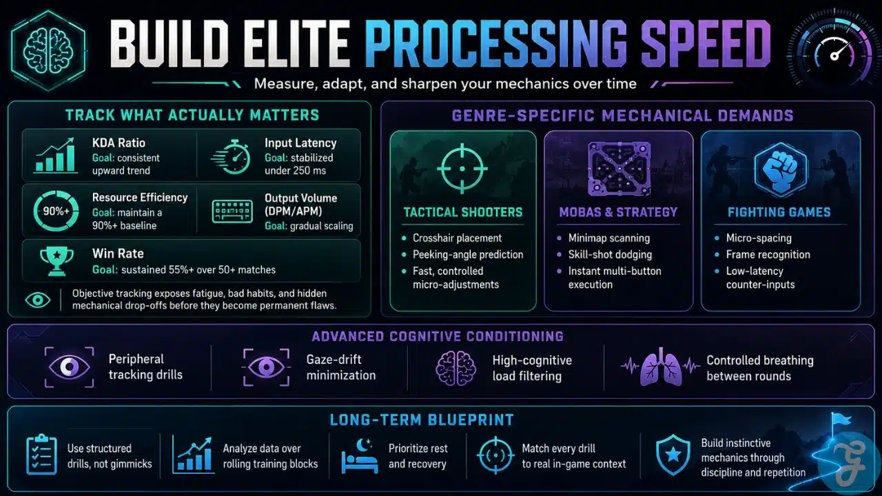Infographic showing esports processing speed training, performance metrics, genre demands, and long-term reflex improvement methods.