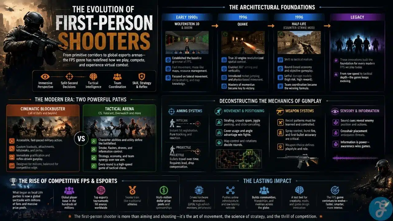 Infographic illustrating the evolution of first-person shooters, from early 1990s classics like Wolfenstein and Doom to modern esports titles like Valorant and Call of Duty. Highlights mechanics, tactical vs cinematic paths, aiming systems, movement, weapon types, map strategy, and competitive esports progression