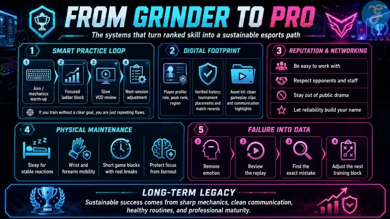 Infographic explaining how gamers can move from ranked grinding to a professional esports path with practice, visibility, and discipline.