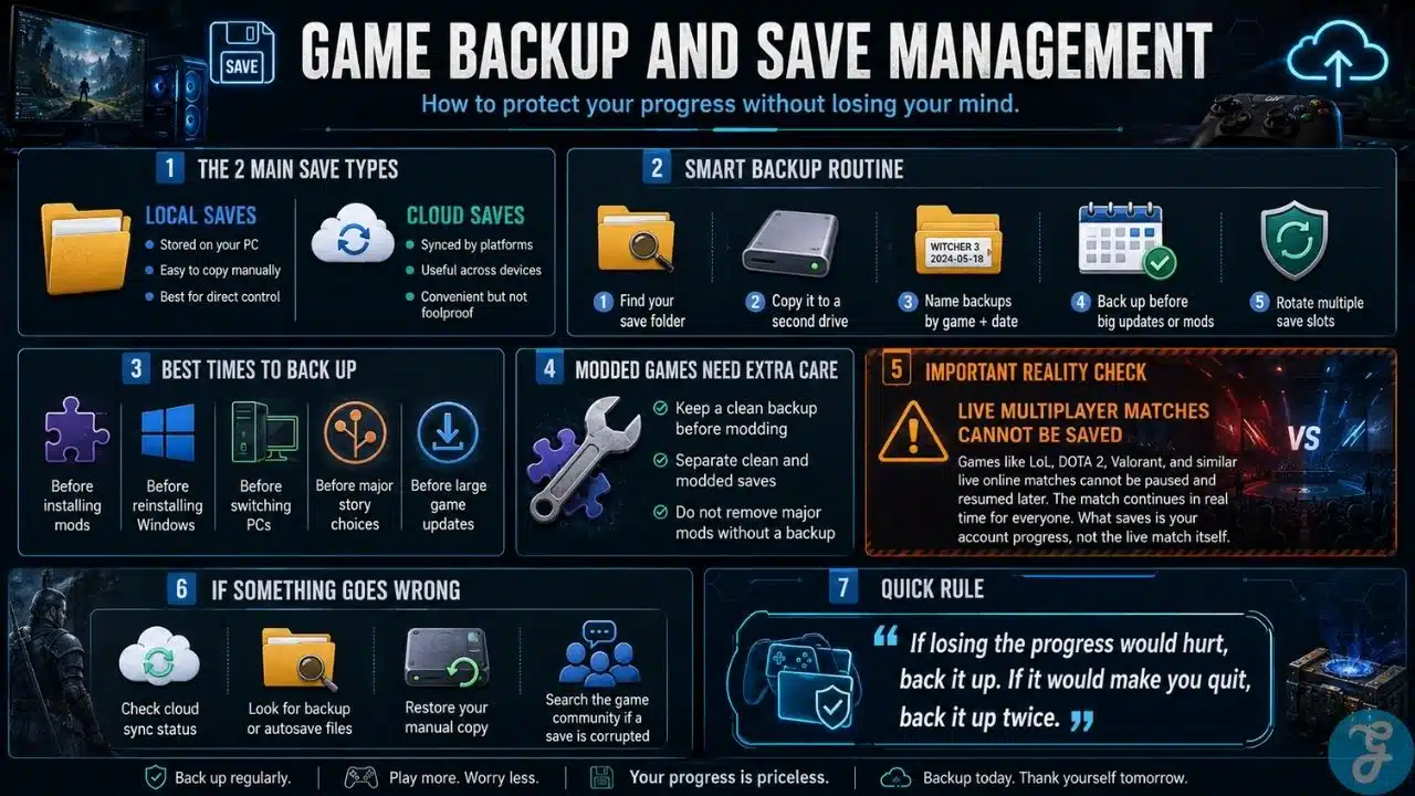 Gaming PC setup showing cloud save backup protection with external storage, game files, security shield, controller, and fantasy game scene on monitor.
