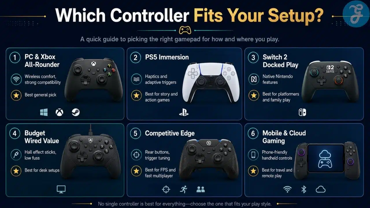 Infographic showing which game controller fits different setups, including PC, Xbox, PS5, Switch 2, budget wired, competitive, and mobile gaming.
