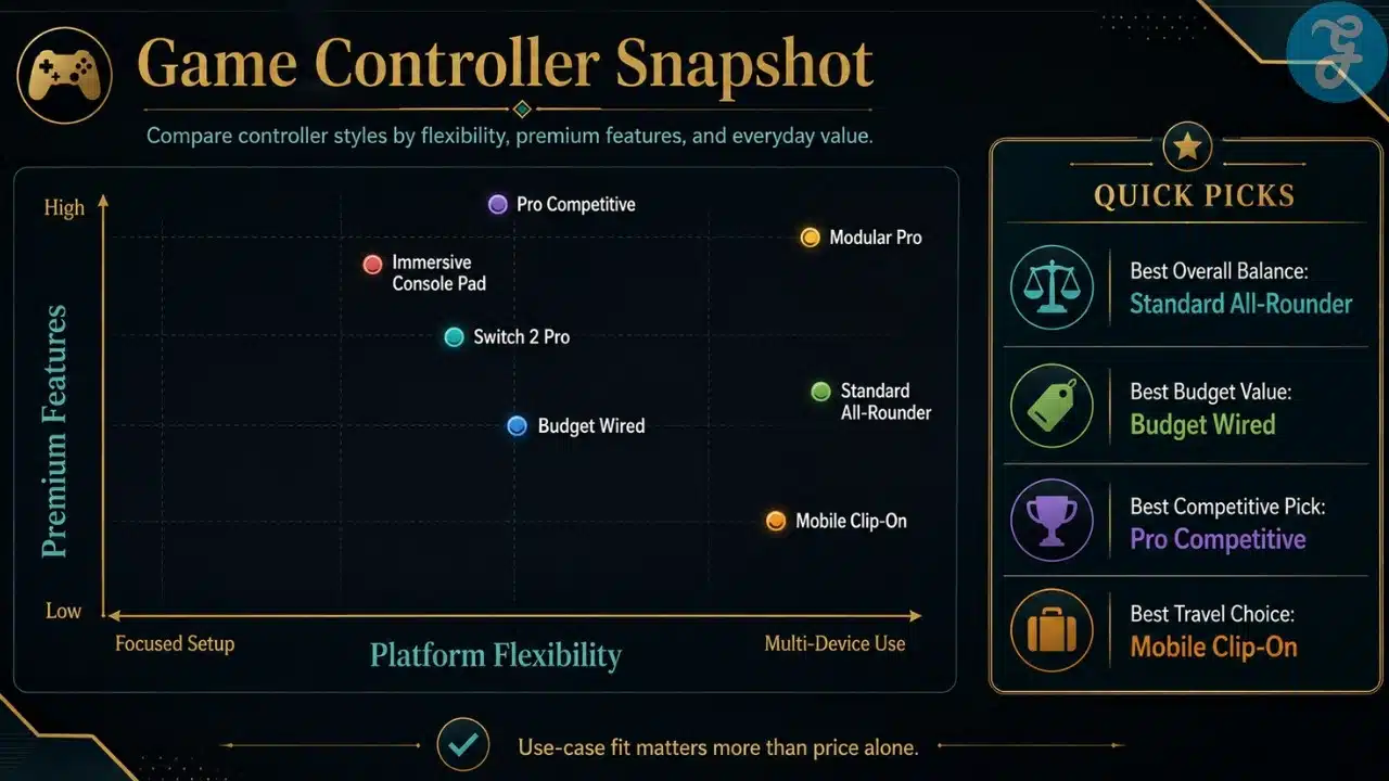 Infographic comparing game controller styles by platform flexibility, premium features, everyday value, and quick recommendations.