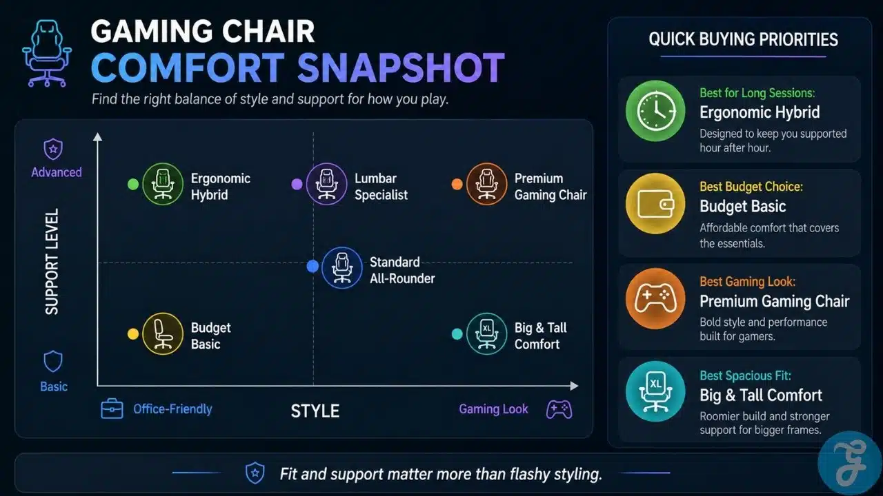 Infographic comparing gaming chair types by support level, style, comfort priorities, and buying recommendations.