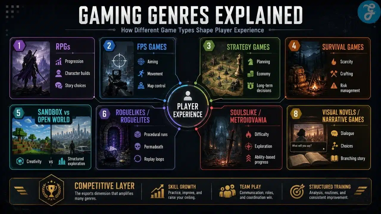 Gaming genres explained infographic showing RPGs, FPS games, strategy games, survival games, sandbox vs open world, roguelikes, Soulslike games, Metroidvania, visual novels, and esports training.