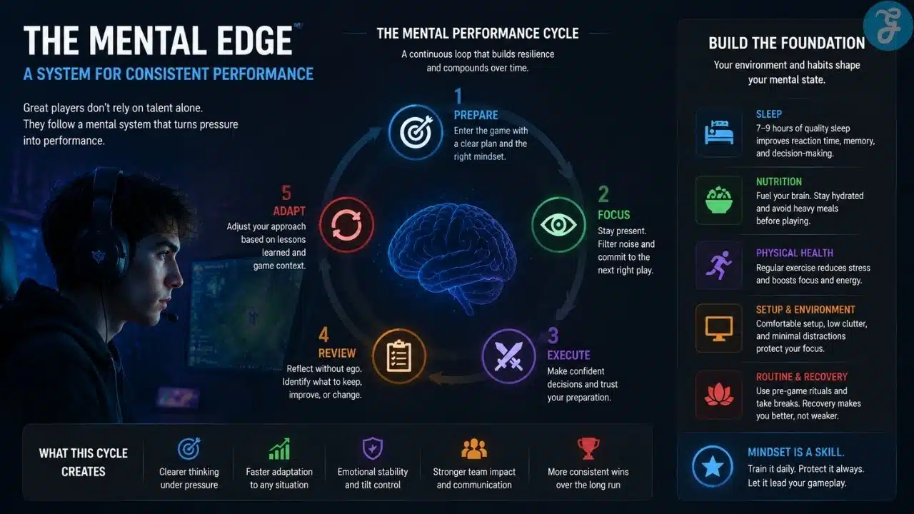 Wide infographic depicting the mental performance cycle for esports players, including preparation, focus, execution, review, and adaptation with environment and habit tips