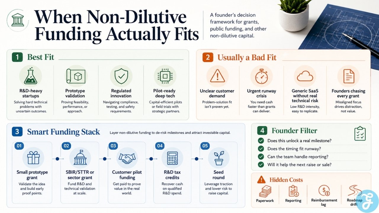 Grants and non dilutive funding infographic showing when startup grants, SBIR STTR, customer pilot funding, R and D tax credits, and funding stacks fit founder growth plans.
