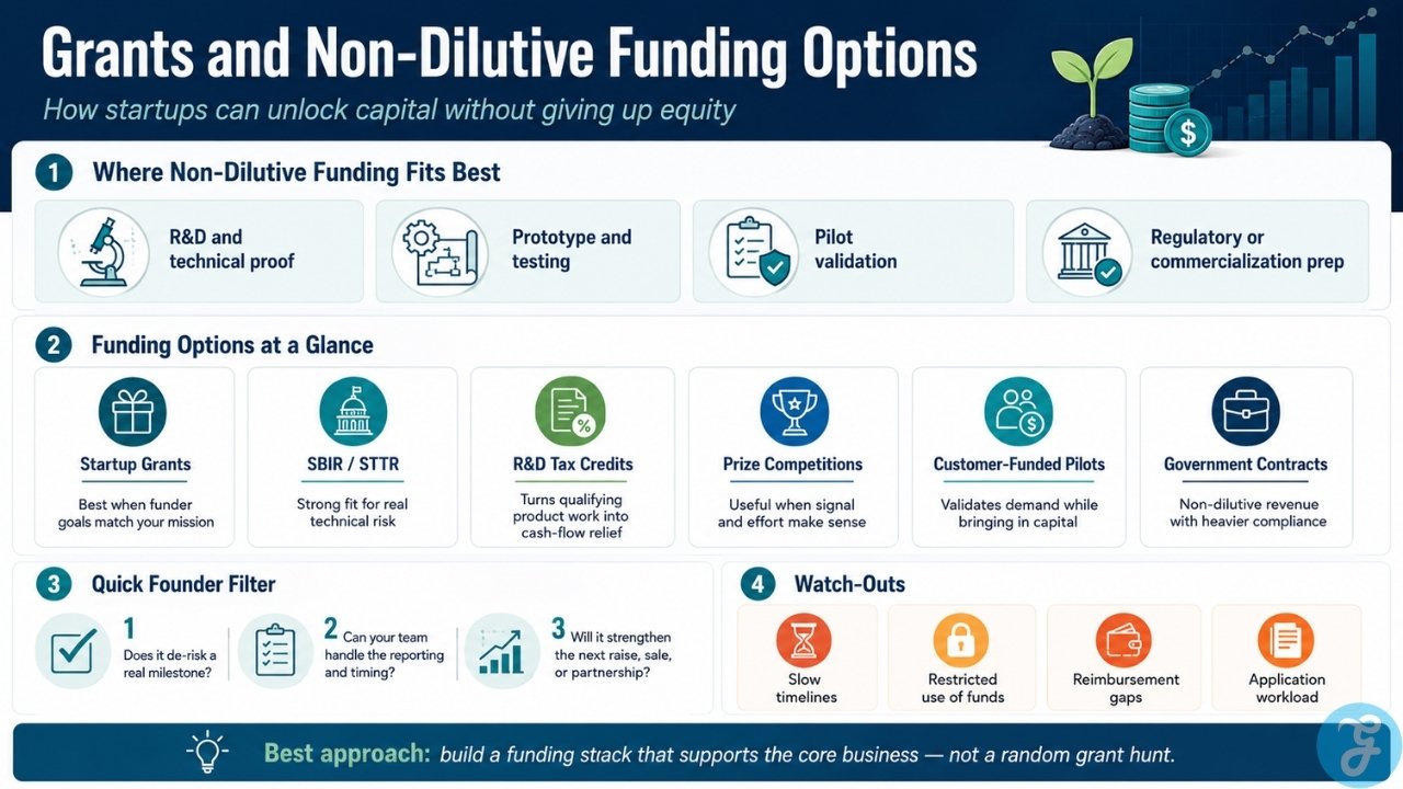 Grants and non dilutive funding infographic showing startup grants, SBIR STTR, R and D tax credits, customer funded pilots, government contracts, founder filters, and funding risks.