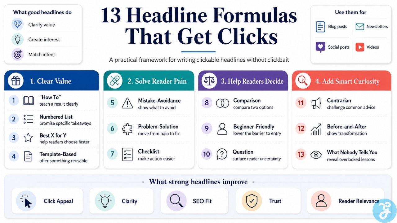 Infographic showing headline formulas grouped by clear value, reader pain, decision support, smart curiosity, and headline performance benefits.