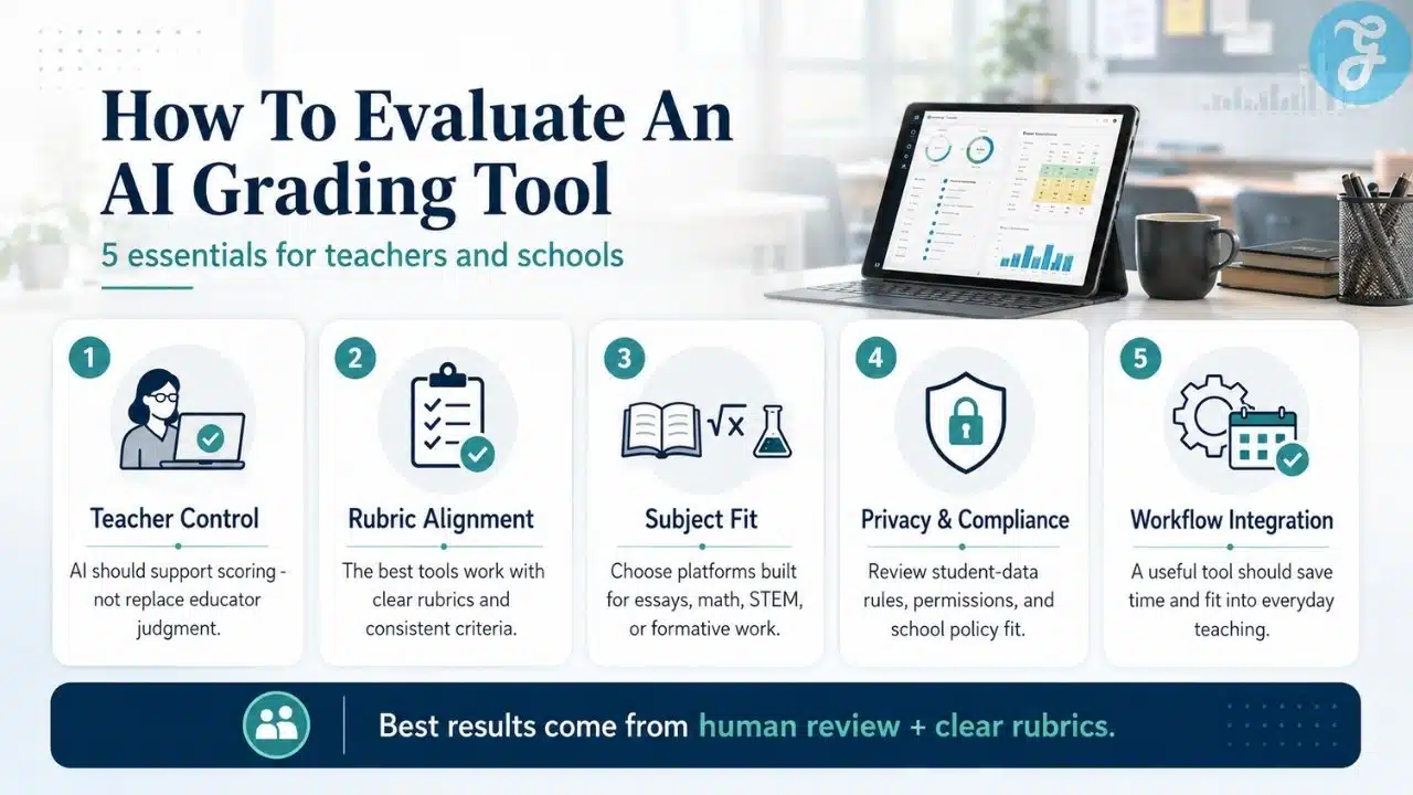 Infographic showing five essentials for evaluating an AI grading tool