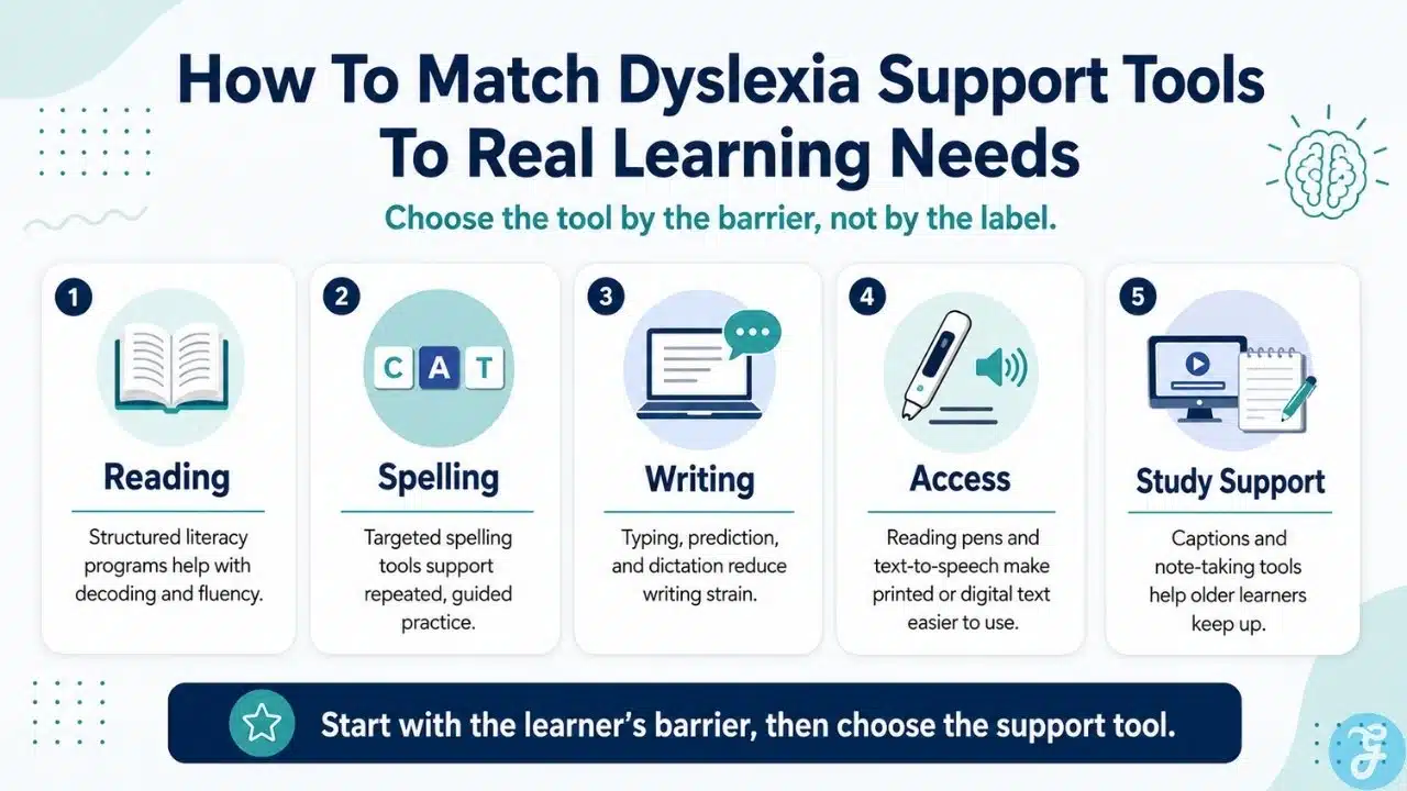 Infographic explaining how to match dyslexia support tools to learning needs