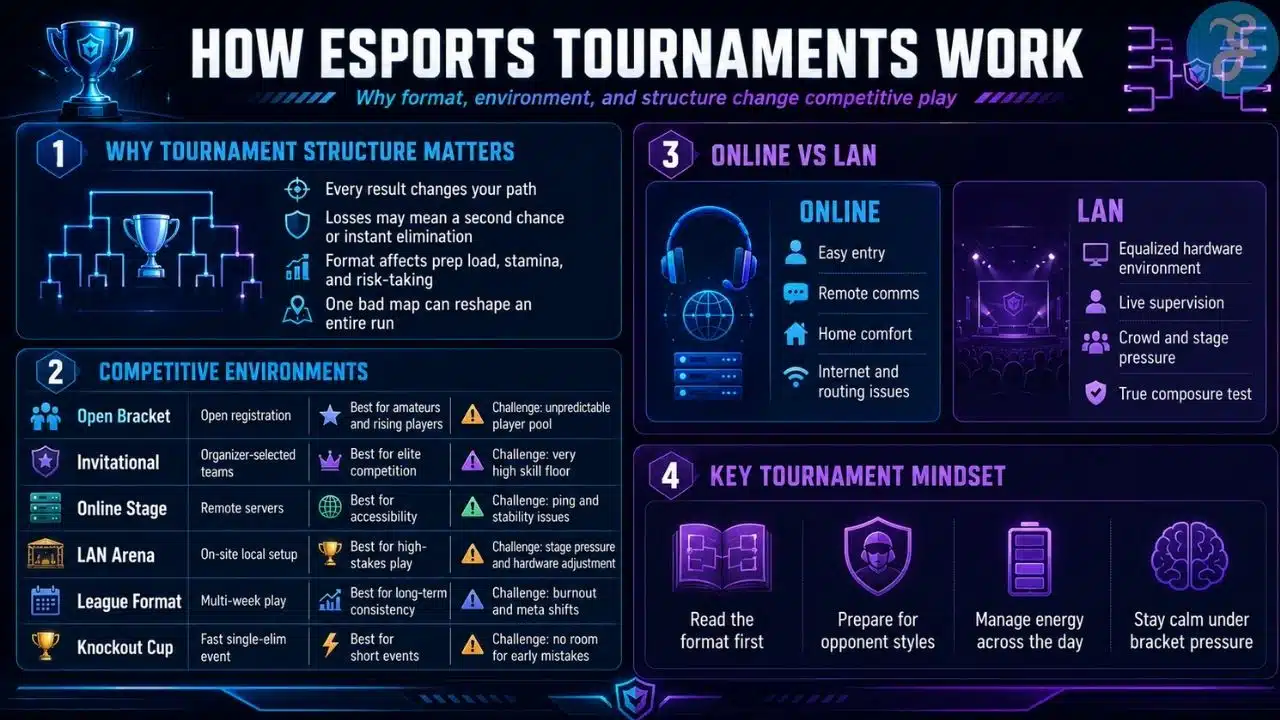 Futuristic esports tournament arena with two teams competing, a trophy, and bracket visuals on a large stage screen.