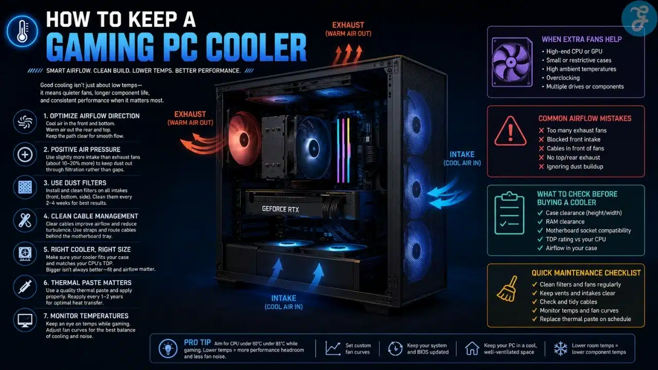 Infographic showing tips to optimize airflow and maintain low temperatures for gaming PCs, including intake, exhaust, and cable management guidance