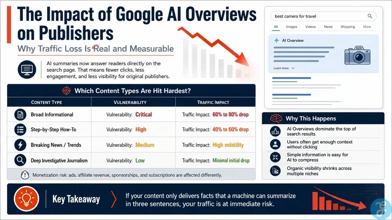 Infographic showing how Google AI Overviews reduce publisher traffic, highlighting vulnerability levels across content types and associated monetization risks."