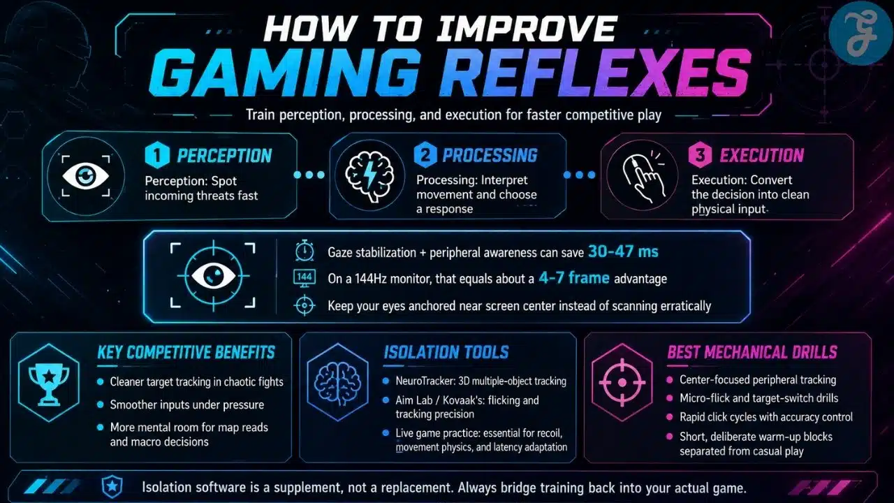 Infographic explaining how to improve gaming reflexes with perception, processing speed, gaze control, and mechanical drills.