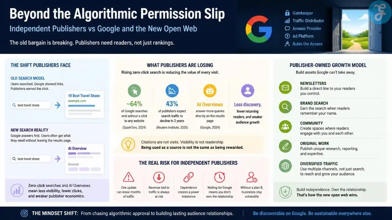 Infographic illustrating independent publishers’ challenges with Google, showing the shift from search dependency to owning newsletters, brand search, community, original content, and diversified traffic.