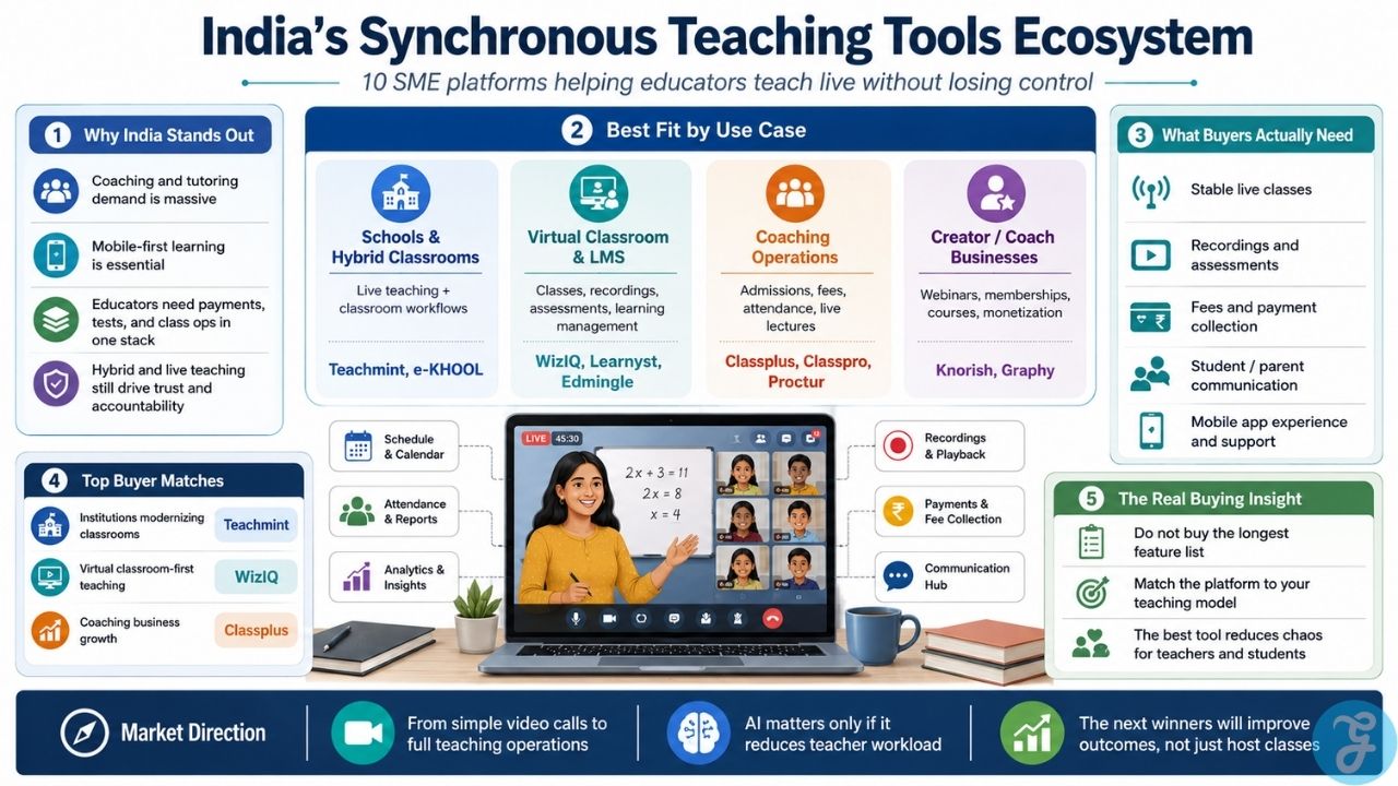Infographic showing India’s synchronous teaching tools ecosystem with live classes, coaching operations, LMS platforms, buyer needs, and market direction.