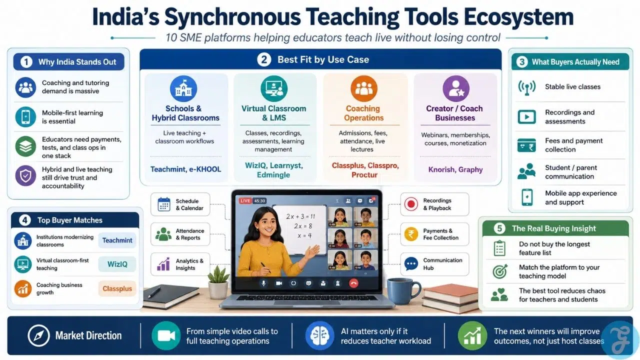Infographic showing India’s synchronous teaching tools ecosystem with live classes, coaching operations, LMS platforms, buyer needs, and market direction.