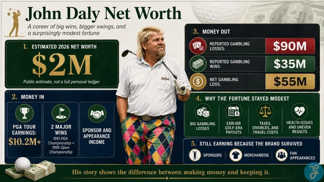John Daly net worth in 2026 infographic showing the business of his golf fame, career earnings, gambling losses, and lasting brand value.