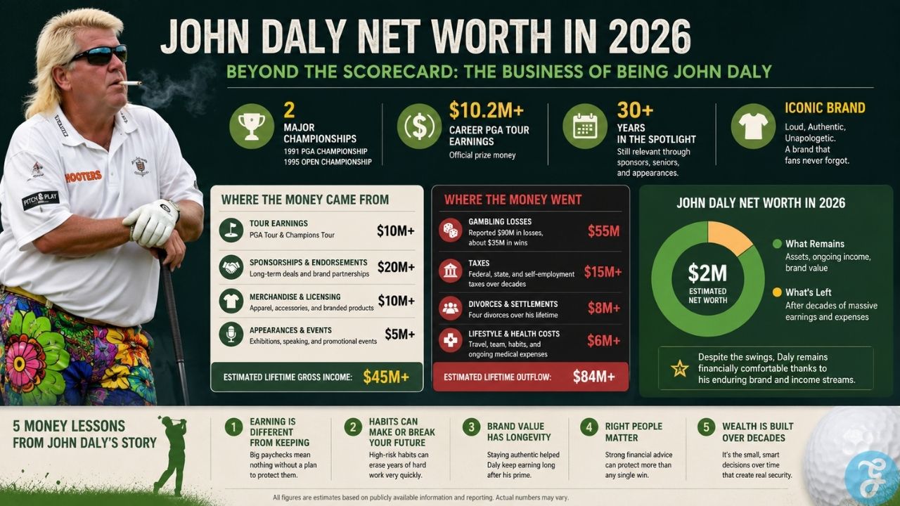 John Daly net worth infographic showing his estimated 2026 fortune, PGA Tour earnings, major wins, gambling losses, and ongoing brand income.