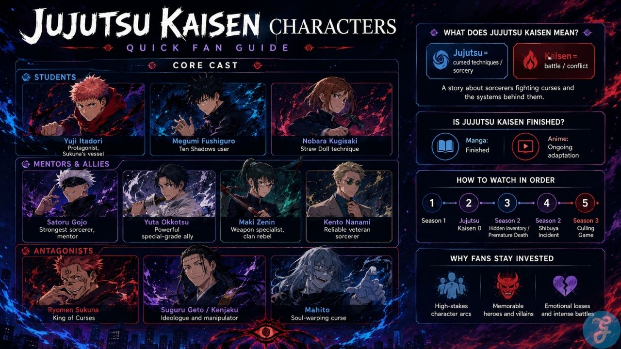 Jujutsu Kaisen characters infographic showing the main cast, story meaning, manga status, watch order, and key fan guide details.