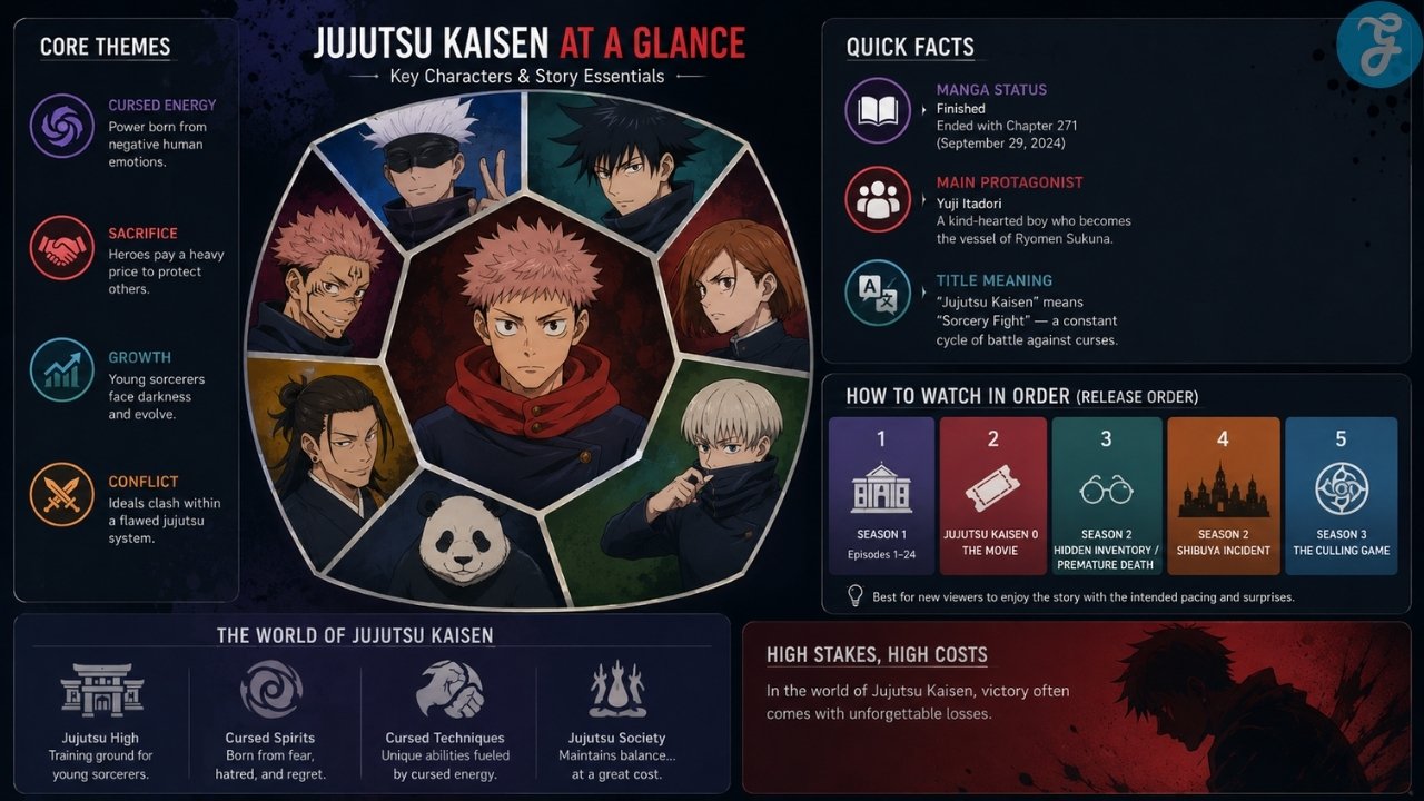 Jujutsu Kaisen visual guide explaining core themes, cursed energy, main character details, watch order, and story stakes for new fans.