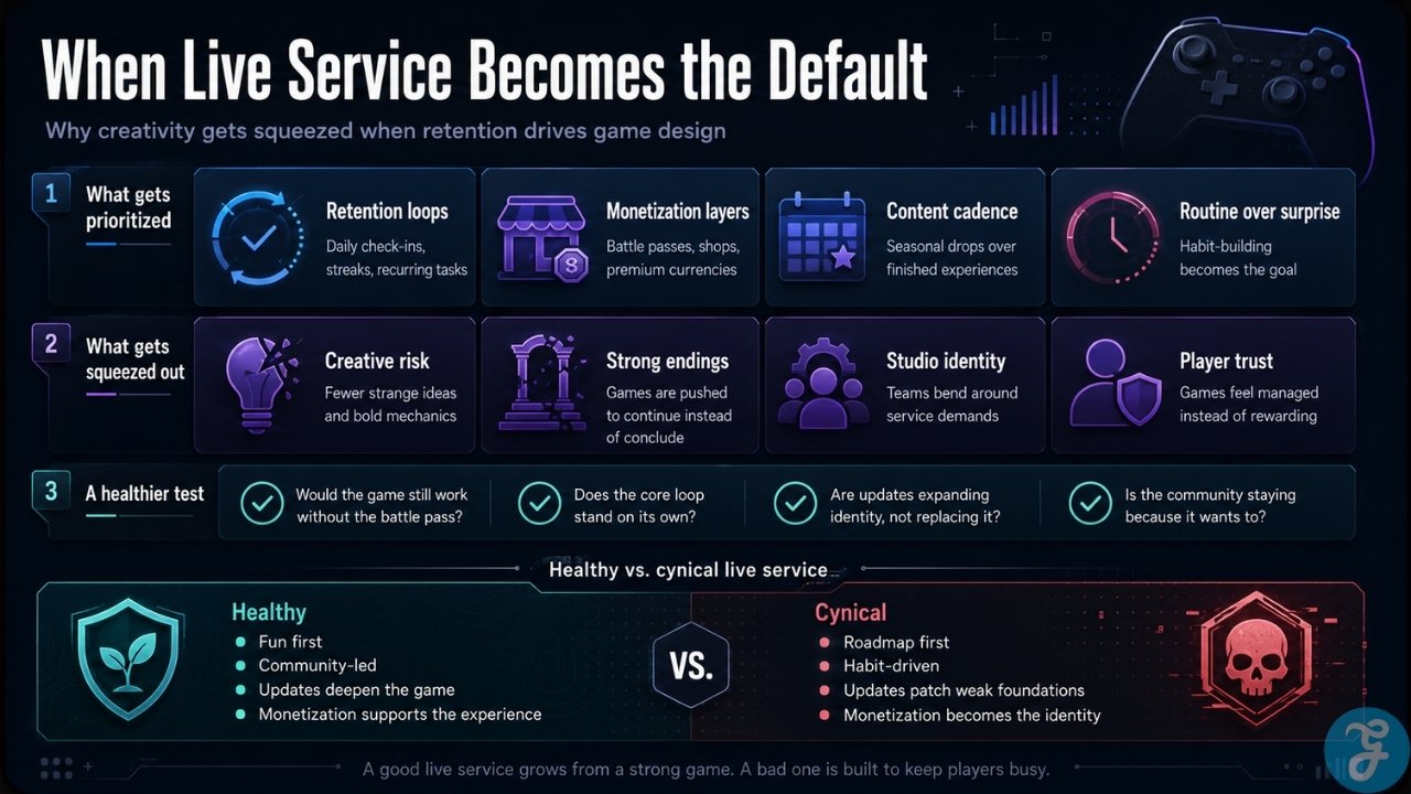 Infographic showing how live service games prioritize retention loops, monetization layers, content cadence, and routine over creative risk and player trust.